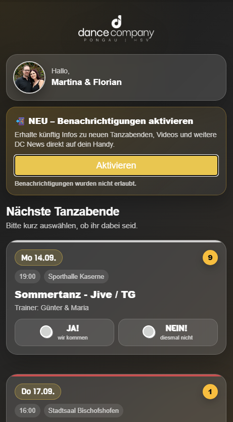 Mobile Ansicht der DanceCompany-App
